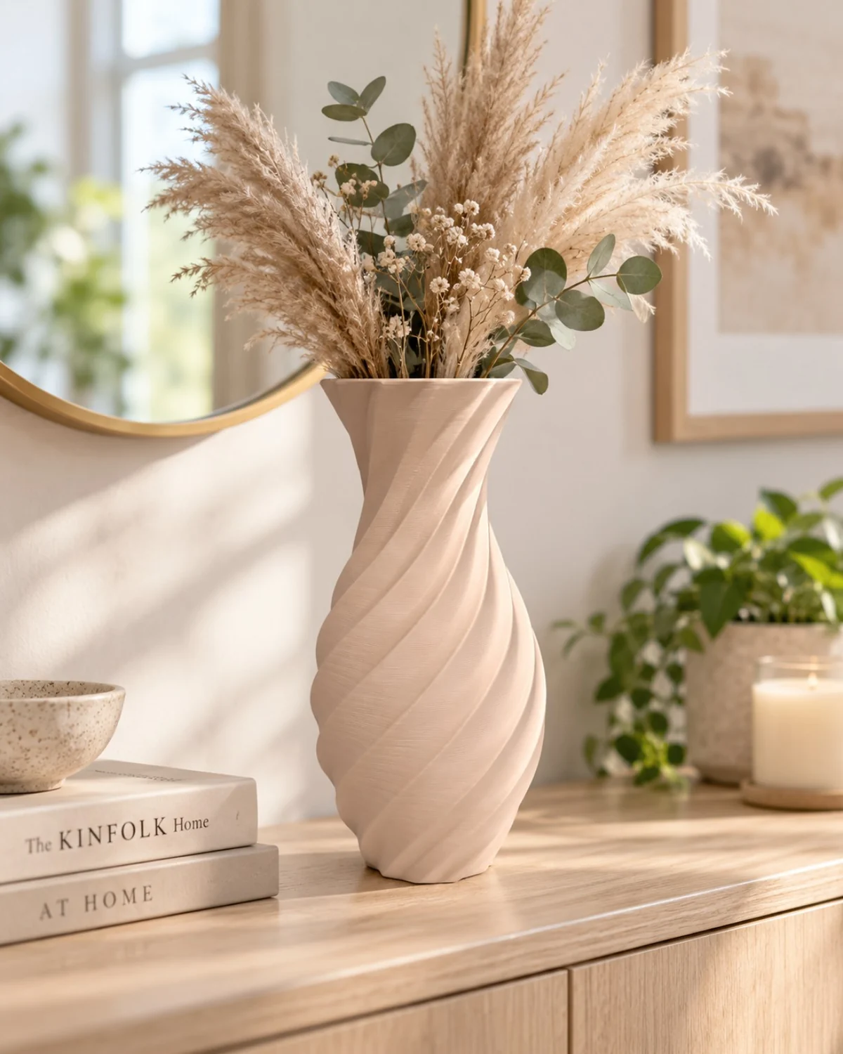 Beige Spiral Vase styled with pampas grass and eucalyptus