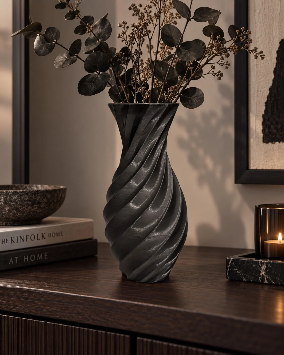 Black Spiral Vase with dark eucalyptus styling