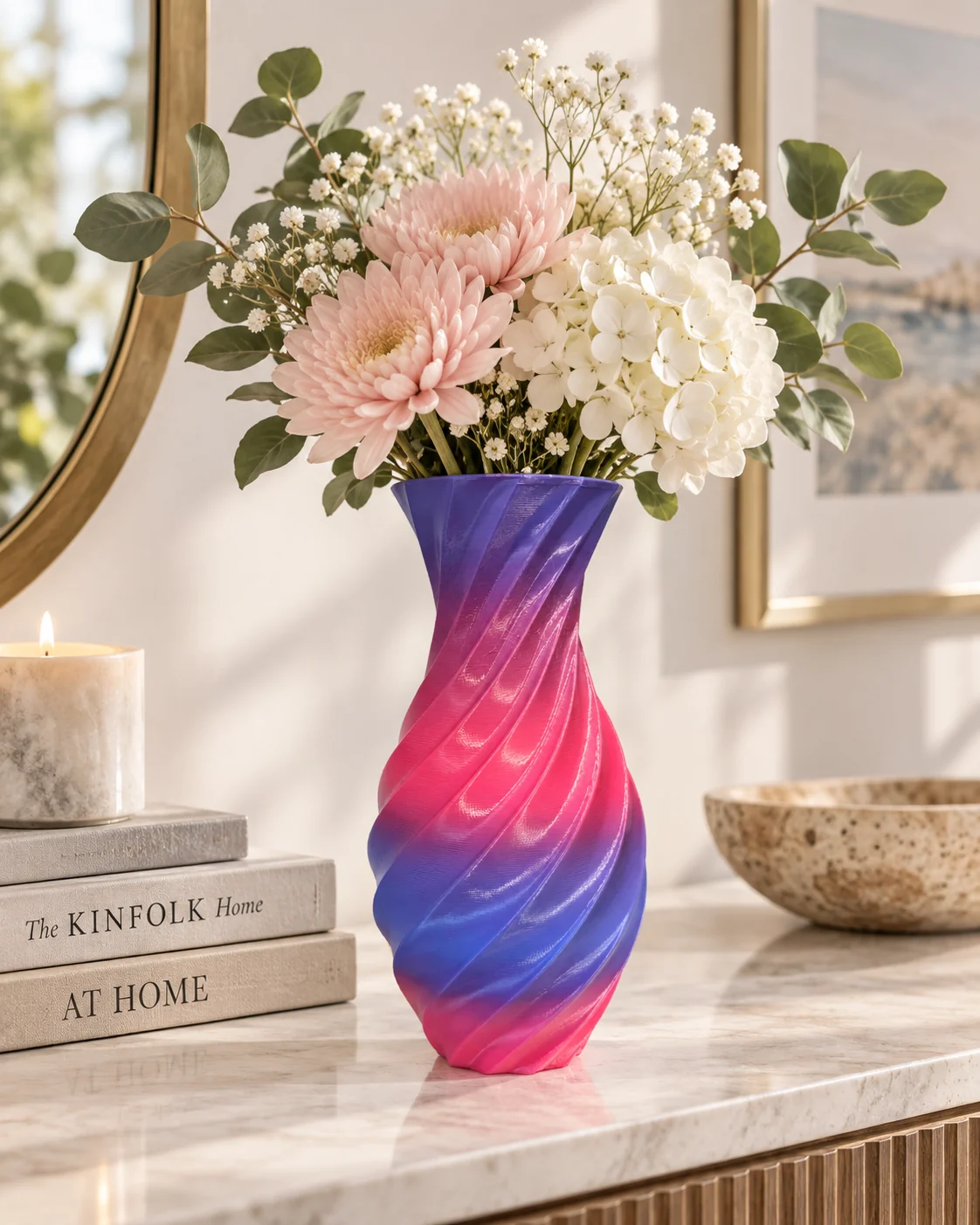 Purple and pink transition Spiral Vase styled with blush and white flowers