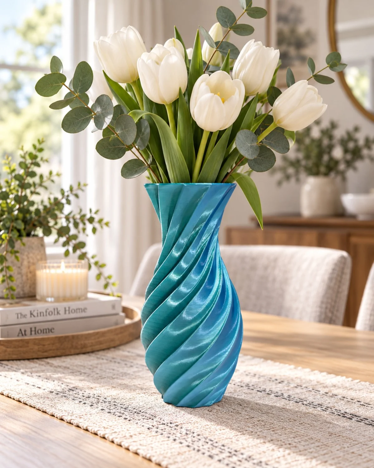 Teal blue Spiral Vase with white tulips