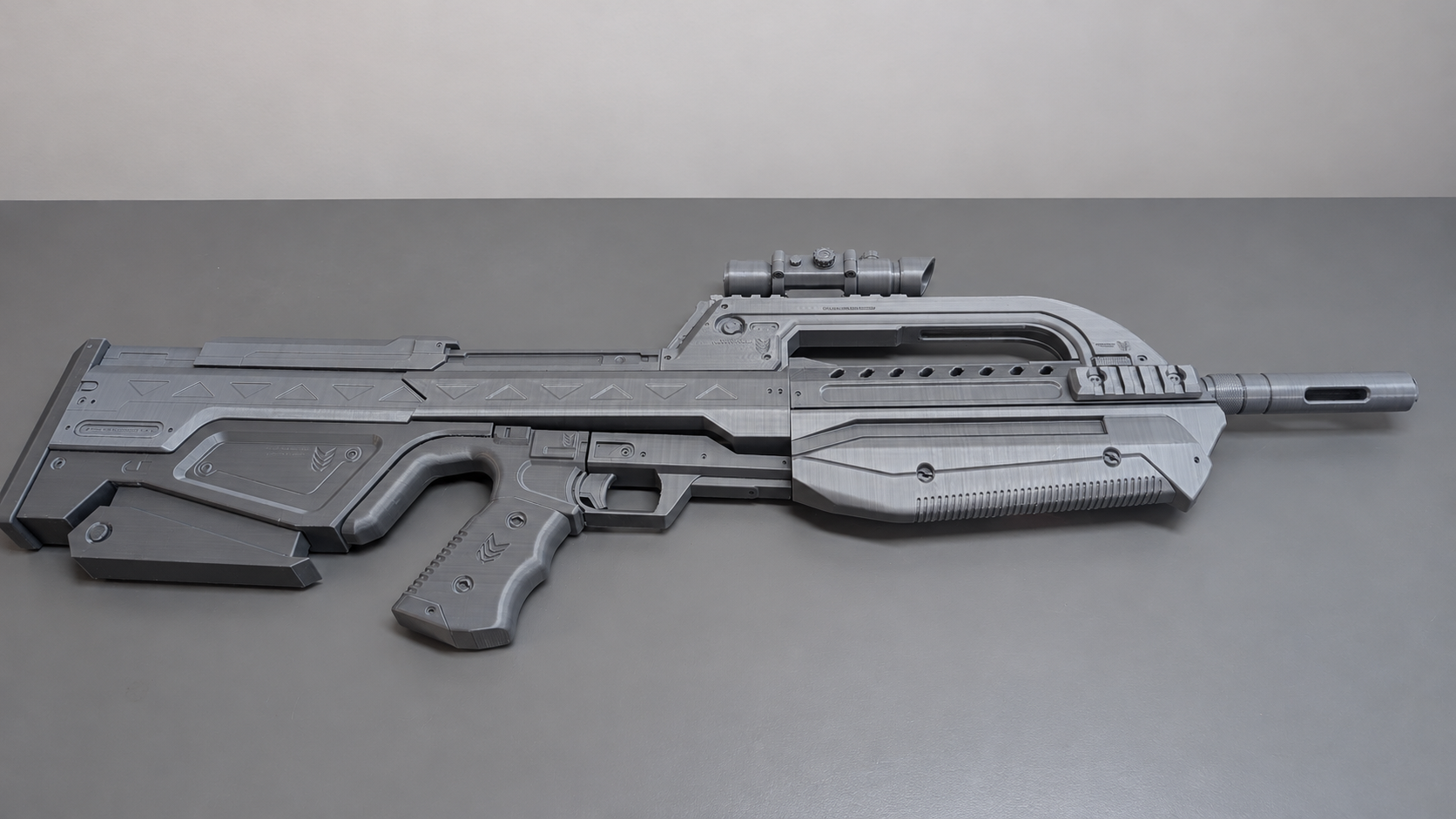 Assembled raw Halo Infinite BR75 cosplay prop example; not a painted sample